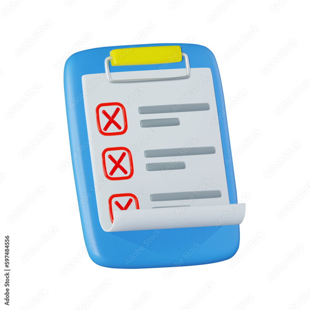 icon render of a completed checklist with outstanding tasks, a failed test and a wrapped piece of paper on a clipboard. Vector 3D illustration icon render of a completed checklist with outstanding tasks, a failed test and a wrapped piece of paper on a clipboard. Vector 3D illustration