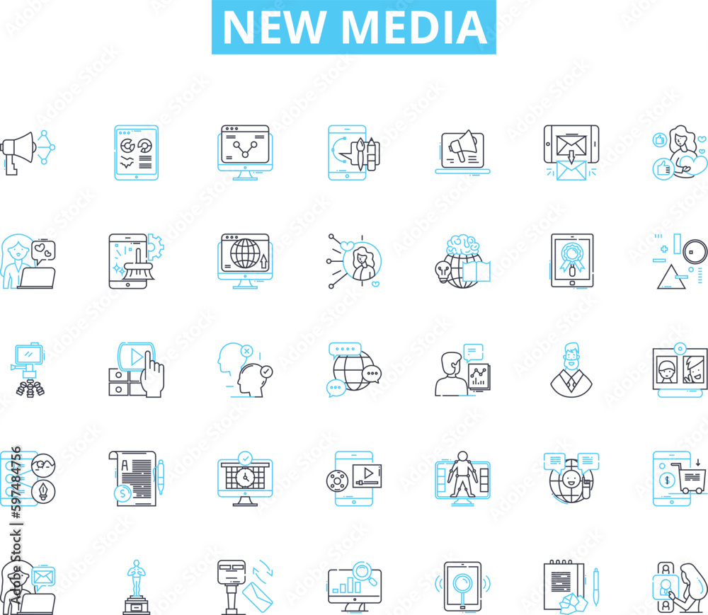 New media linear icons set. Interactivity, Digitalization, Connectivity, Innovation, Disruption, Virality, Collaboration line vector and concept signs. Creativity,Globalization,Immediacy outline New media linear icons set. Interactivity, Digitalization, Connectivity, Innovation, Disruption, Virality, Collaboration line vector and concept signs. Creativity,Globalization,Immediacy outline