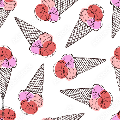 Doodle hand drawn cute ice cream in a cone with pink, red, lilac balls in a seamless pattern on a white background