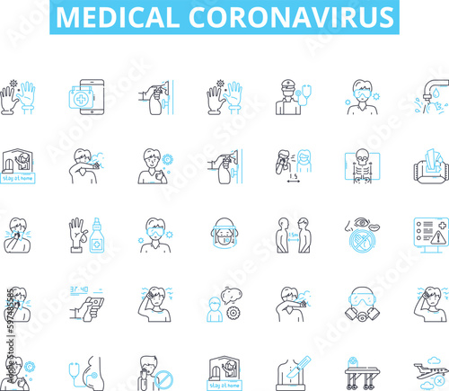 Medical coronavirus linear icons set. Pandemic, Outbreak, Quarantine, Contagious, Respiratory, Transmission, Symptoms line vector and concept signs. Vaccination,Mutation,Social distancing outline