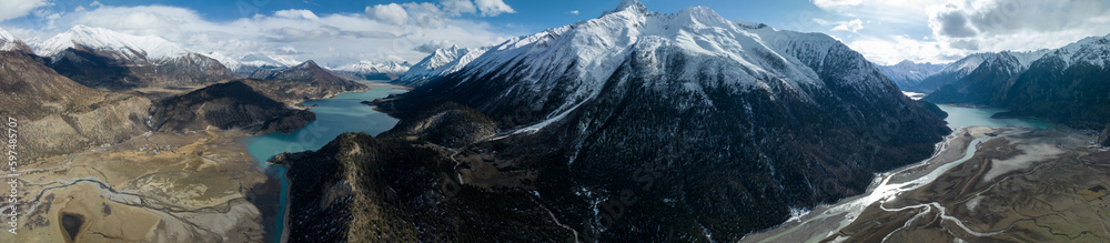 Aerial view of beautiful snow mountains and lake in Tibet,China Aerial view of beautiful snow mountains and lake in Tibet,China