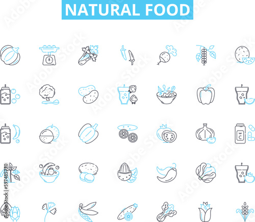 Natural food linear icons set. Organic, Whole, Fresh, Non-GMO, Sustainable, Locally-sourced, Grass-fed line vector and concept signs. Pasture-raised,Clean,Raw outline illustrations