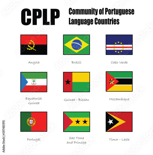 CPLP official flag and national flags of the nine states which are full members of the Community of Portuguese Language Countries (or Lusophone Commonwealth) photo