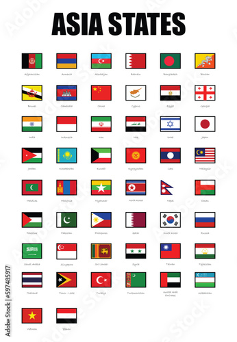 Asia states, flags of states on Asia
