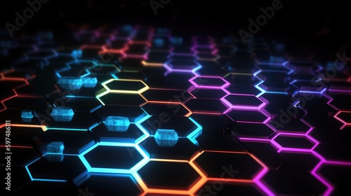 Epic scene with hexagons in neon colors