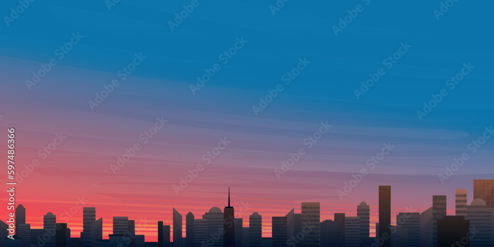 Sky on a sunset in the city vector illustration have blank space. Buildings silhouette against the sky in sunset flat design.