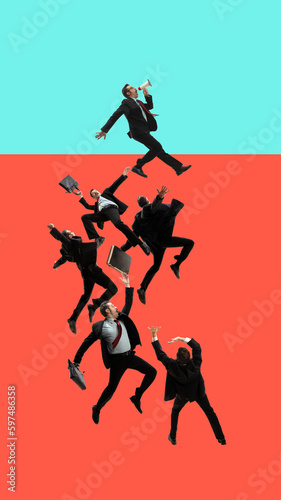 Businessman, employee, office worker in formal wear on flow of business projects. Self-improvement. Contemporary art collage. Concept of personal and professional growth, business, achievement