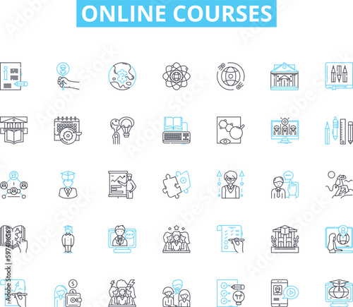Online courses linear icons set. E-learning, Virtual, Distance, Web-based, Remote, Digital, Cyber line vector and concept signs. Internet,Interactive,Cloud-based outline illustrations