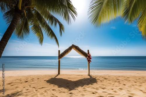 Romantic beach wedding arch with tropical palm trees