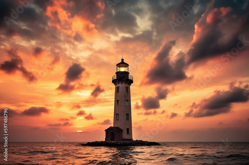 Lighthouse at sunset on the ocean