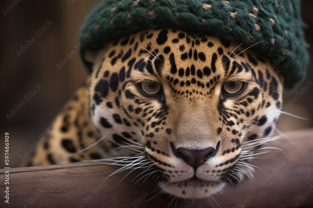 Obraz premium Jaguar wearing a green knitted hat closeup