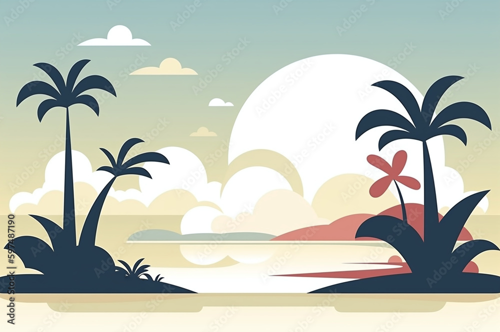 Ocean sunset beach minimalist flat illustration