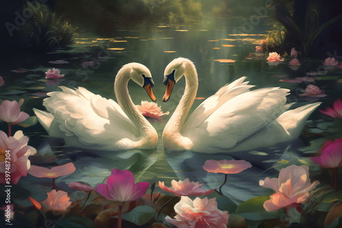 two white swans forming heart shape with heads touching on lake with pink lily flowers, made with generative ai photo