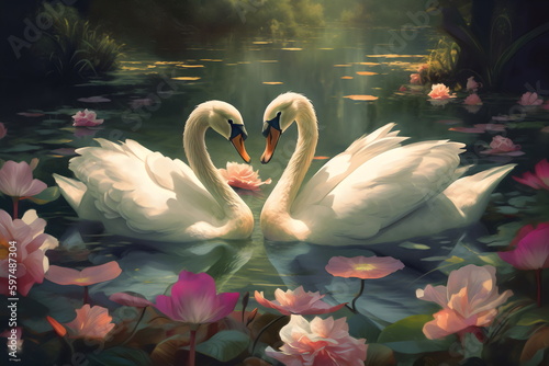 Fototapeta Naklejka Na Ścianę i Meble -  two white swans forming heart shape with heads touching on lake with pink lily flowers, made with generative ai