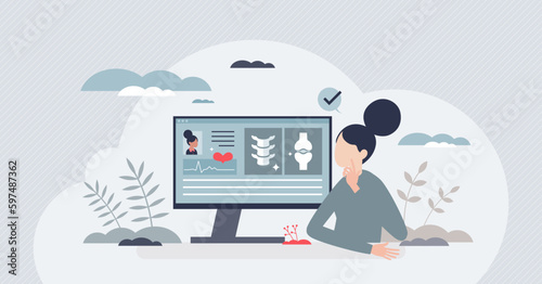 Digital health records with diagnostic history files tiny person concept. Hospital technological data base for patient xray, emr or consultation results vector illustration. Online medical software.