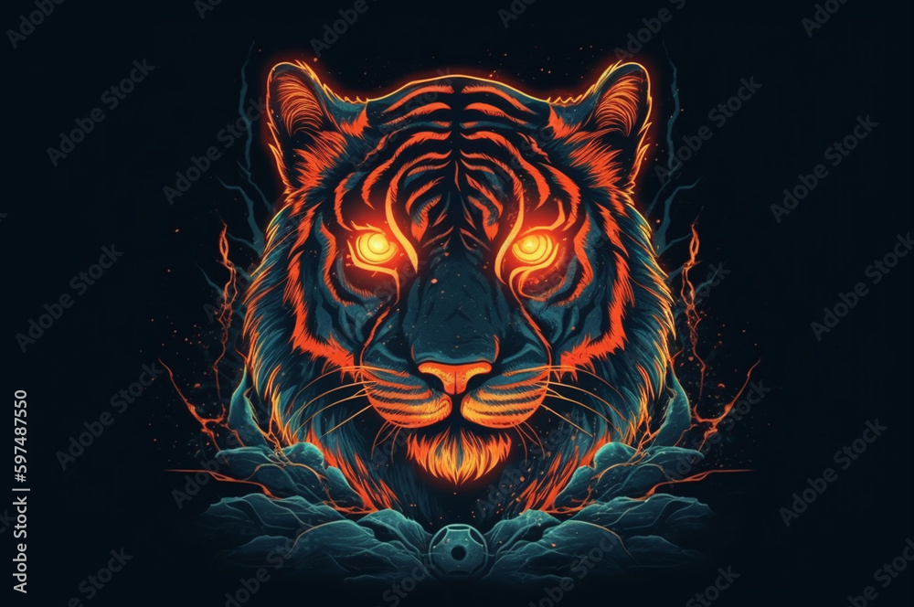 Illustration of a tiger head with orange glowing eyes in the dark Illustration of a tiger head with orange glowing eyes in the dark