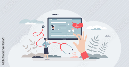 Electronic health records with patient medical history tiny person concept. Healthcare software with digital prescriptions, xray or emr results and diagnostics vector illustration. Ehealth solutions.