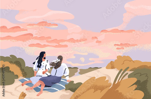Girls friends watching sunset, relaxing in nature. Peaceful landscape with sky, sun, clouds. Women couple looking, enjoying, dreaming, contemplating. Inspiration concept. Flat vector illustration