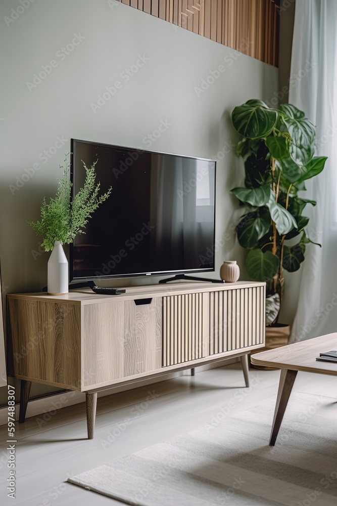 Television put on tv stand wood table, in minimal empty space