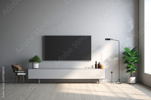 Television put on tv stand wood table, in minimal empty space livingroom room background white wall AI Generative