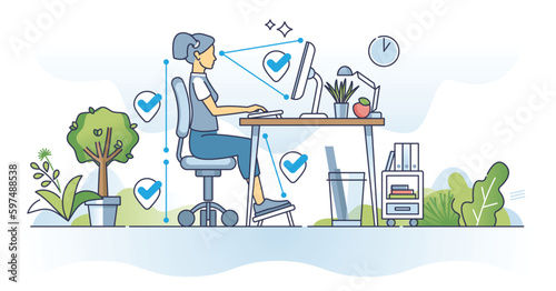 Ergonomics for remote work and correct sitting posture outline concept. Back support and spine position from chair height vector illustration. Working from home in comfortable and healthy workspace.