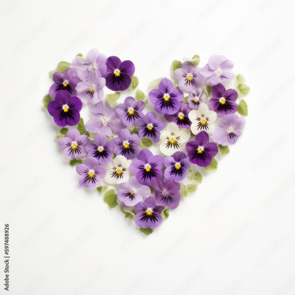Violets flower in heart shape. Illustration AI Generative.