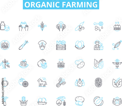 Organic farming linear icons set. Sustainability, Soil, Pesticides, Crops, Fertilizer, Compost, Biodiversity line vector and concept signs. Agriculture,Health,Natural outline Generative AI
