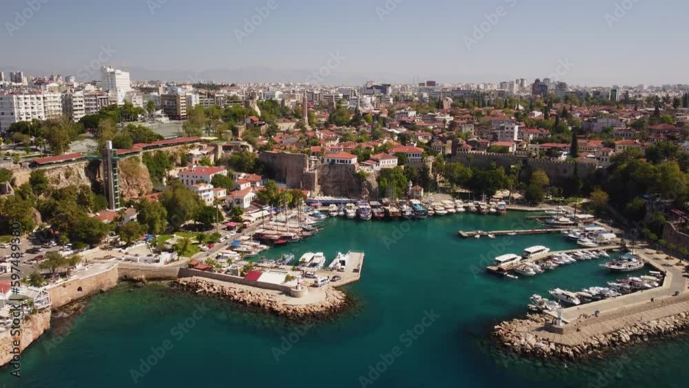 Aerial view of Old Antalya Marina and Kaleici, Antalya, Turkey