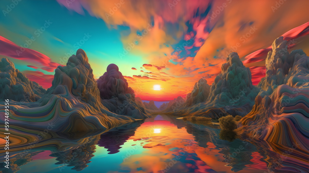 colorful fantasy landscape with rock mountains and river in sunset reflection, made with generative ai