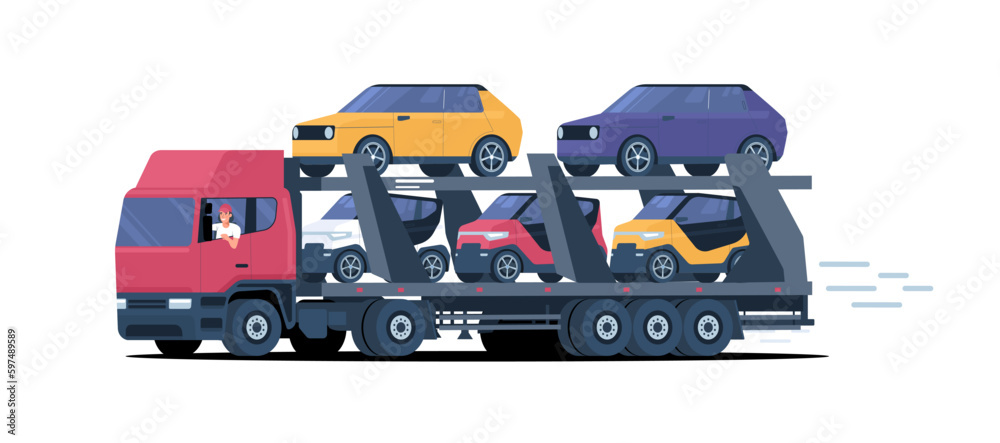 Naklejka premium Car carrier loaded with various cars isolated. Vector illustration.