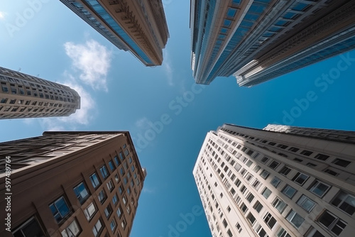 Bottom view of modern skyscrapers in business district, building and architecture.