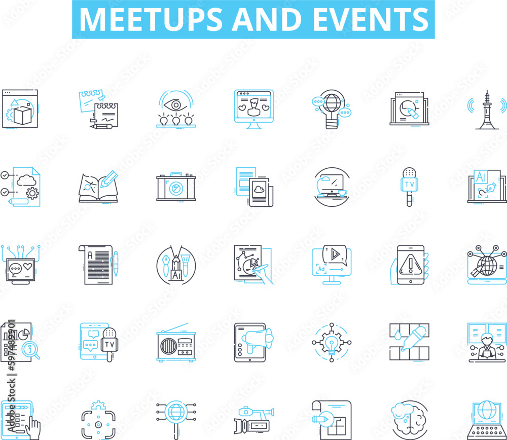 Meetups and events linear icons set. Nerking, Workshop, Conference, Gathering, Speaker, Exhibition, Seminar line vector and concept signs. Symposium,Panel,Hackathon outline illustrations Generative AI Meetups and events linear icons set. Nerking, Workshop, Conference, Gathering, Speaker, Exhibition, Seminar line vector and concept signs. Symposium,Panel,Hackathon outline illustrations Generative AI