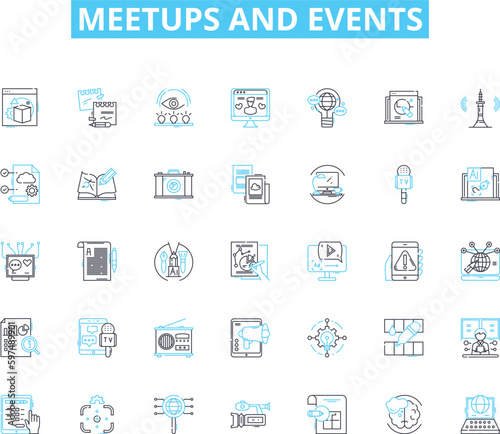Meetups and events linear icons set. Nerking, Workshop, Conference, Gathering, Speaker, Exhibition, Seminar line vector and concept signs. Symposium,Panel,Hackathon outline illustrations Generative AI