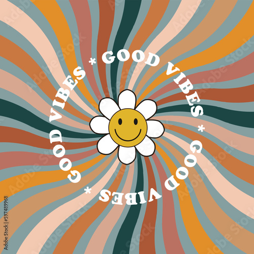 Groovy hippie 70s posters with flower smiley in trendy retro psychedelic cartoon illustration design. Twisted sunburst vector background. 