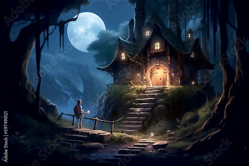 Little boy and house in magic forest. Illustration. Post processed AI generated image.