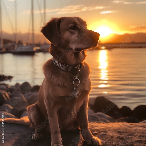dog on the beach at sunset