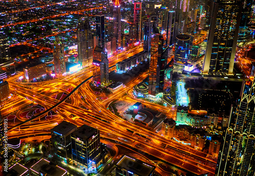 architecture of Dubai at night from a height of flight