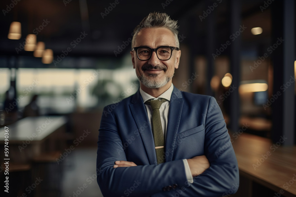 Male business owner stands and is happy that his business is growing. Generative AI Male business owner stands and is happy that his business is growing. Generative AI