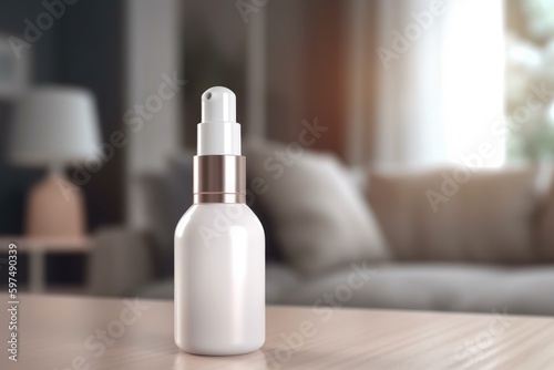 Blank White Bottle Spray Foundation Mockup With Living room Background Generative AI