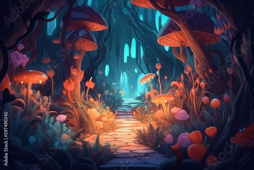 Illustration of a Mystery Forest with Strange Plants and Flowers. Realistic Fantastic Cartoon Style Artwork Scene  Wallpaper  Story Background