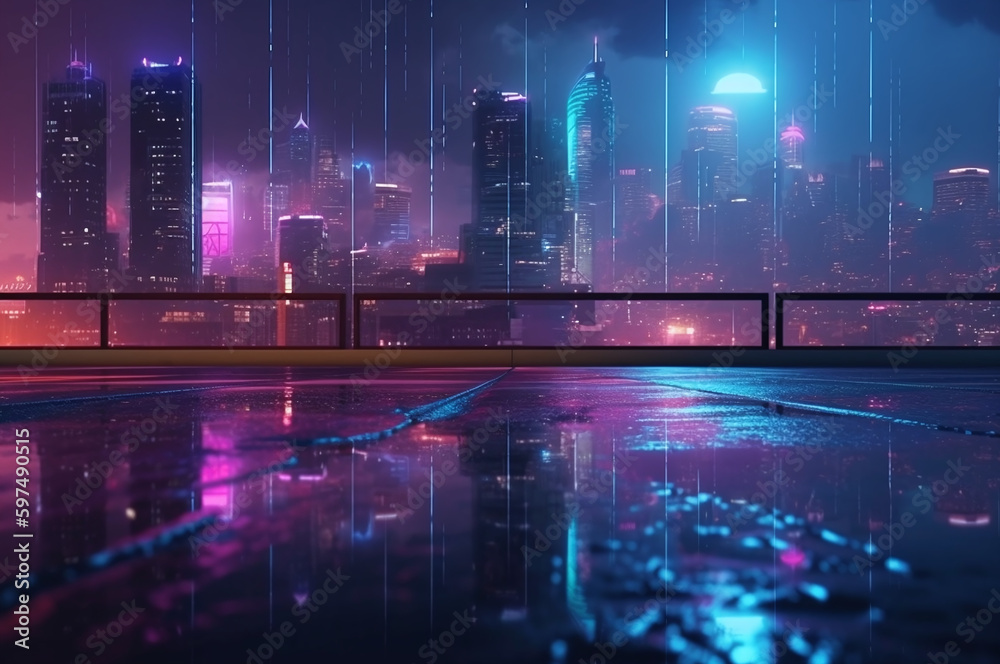 Neon rainy cityscape at night from rooftop view