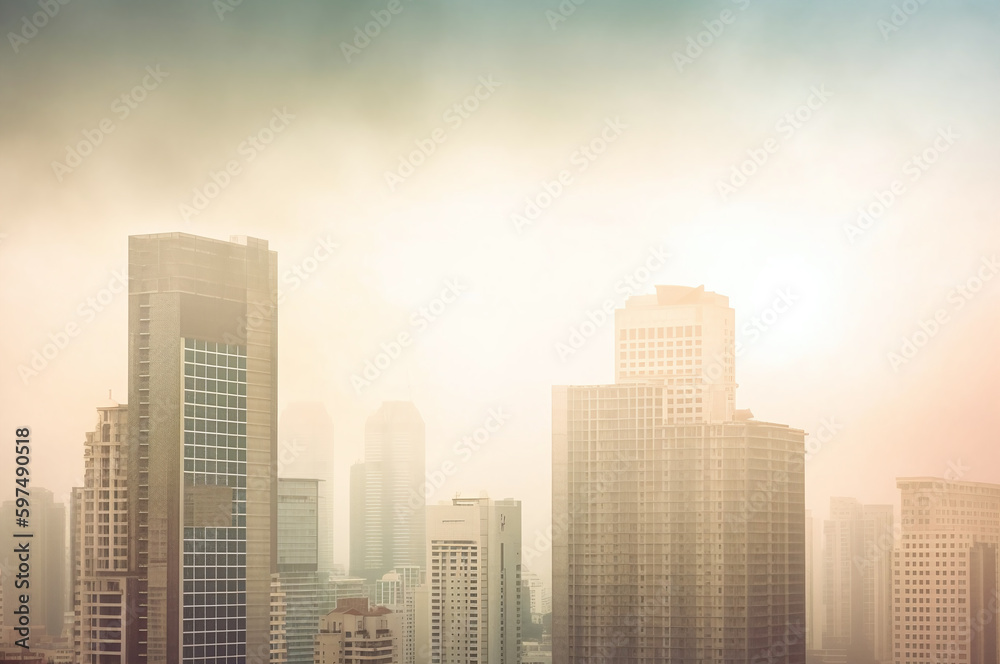 Fototapeta premium Urban cityscape with tall buildings in foggy atmosphere