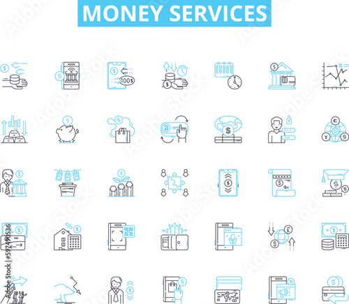 Money services linear icons set. Banking, Checking, Saving, Investing, Loans, Insurance, Credit line vector and concept signs. Debit,Savings,Checking account outline illustrations Generative AI