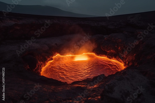 Vászonkép Volcanic crater with molten lava