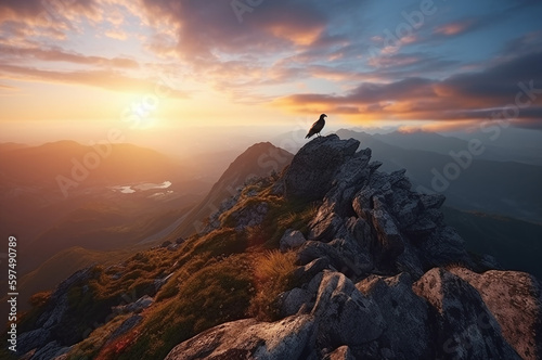 Eagle perched on mountain peak at sunrise