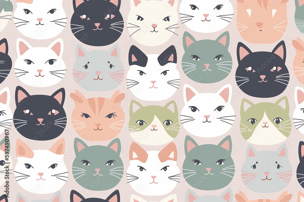 An enchanting seamless pattern that celebrates the irresistible cuteness of cat faces. The pattern showcases a variety of stylized cat faces, seamless pattern with cats white background, Generative AI An enchanting seamless pattern that celebrates the irresistible cuteness of cat faces. The pattern showcases a variety of stylized cat faces, seamless pattern with cats white background, Generative AI