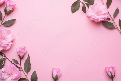 Pink flowers with green leaves on a pink background © Kiss