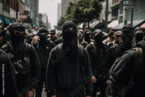 Fototapeta Naklejka Na Ścianę i Meble -  People protesting in the streets, antifa wearing black
