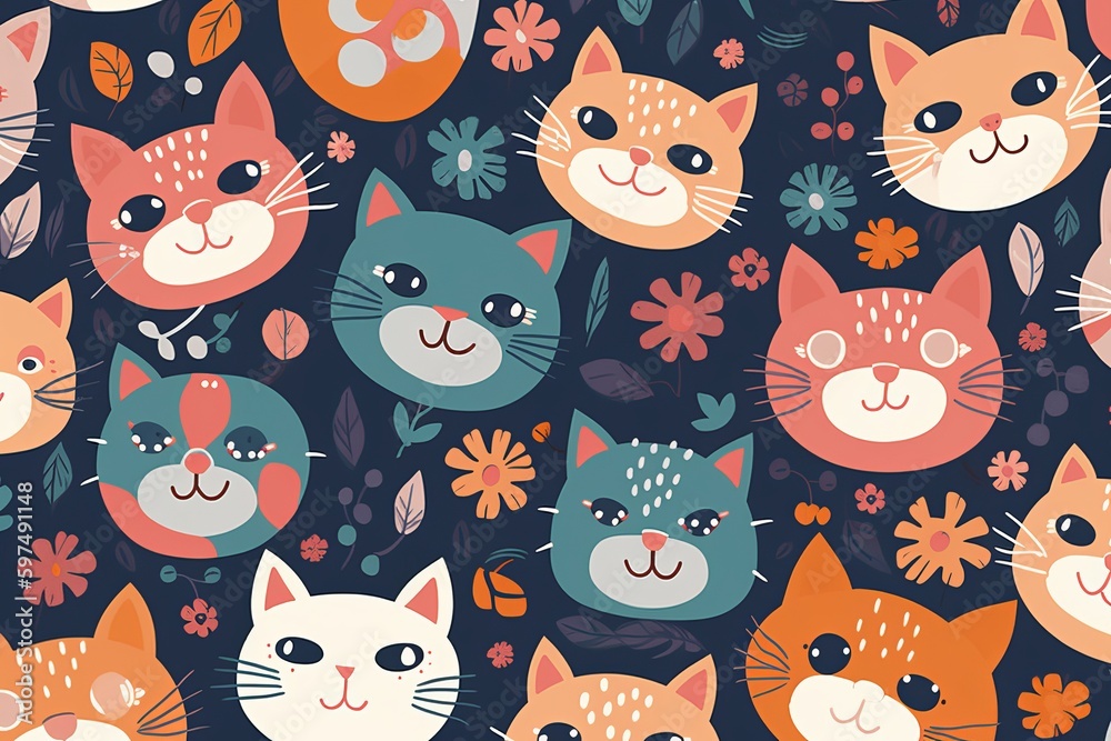 An enchanting seamless pattern that celebrates the irresistible cuteness of cat faces. The pattern showcases a variety of stylized cat faces, seamless pattern with cats blue background, Generative AI An enchanting seamless pattern that celebrates the irresistible cuteness of cat faces. The pattern showcases a variety of stylized cat faces, seamless pattern with cats blue background, Generative AI