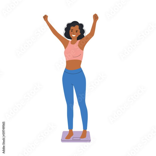 Happy young woman measuring her weight at home. Vector flat style cartoon  illustration